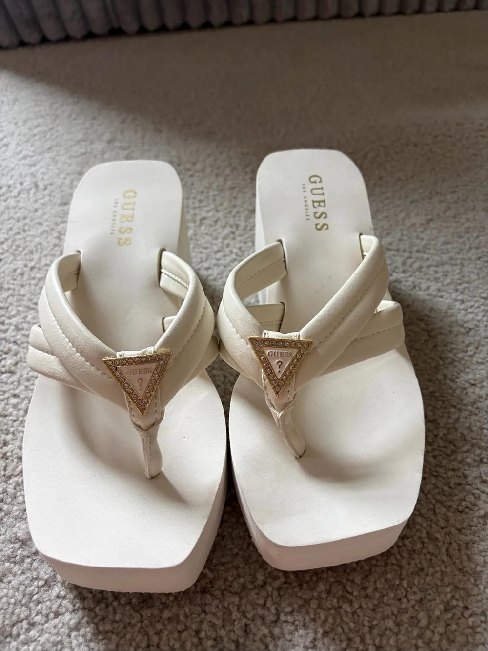 Guess Cream Platform Thong Sandals with Gold Rhinestone Triangle